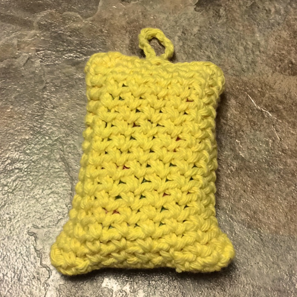 Yellow exfoliating soap saver bag crocheted